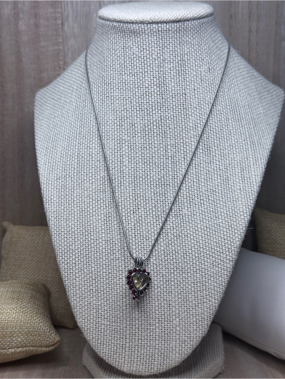 Silver Tone Ruby Red Crystal Heart Cage Locket Pearl Pendant Necklace